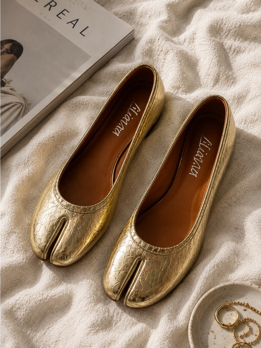 Gold Split Toe Ballet Flats | Tabi Inspired Metallic Avant Garde Shoes